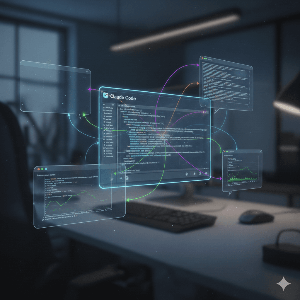 Claude Code agent teams visualization showing multiple connected terminal windows