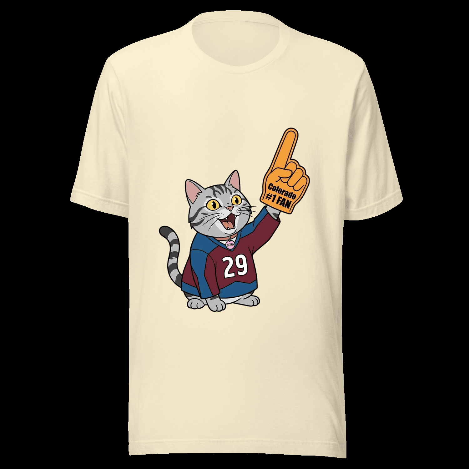 The final line-art Dora printed on a natural-coloured t-shirt: a grey tabby in a hockey jersey holding up a #1 fan foam finger.
