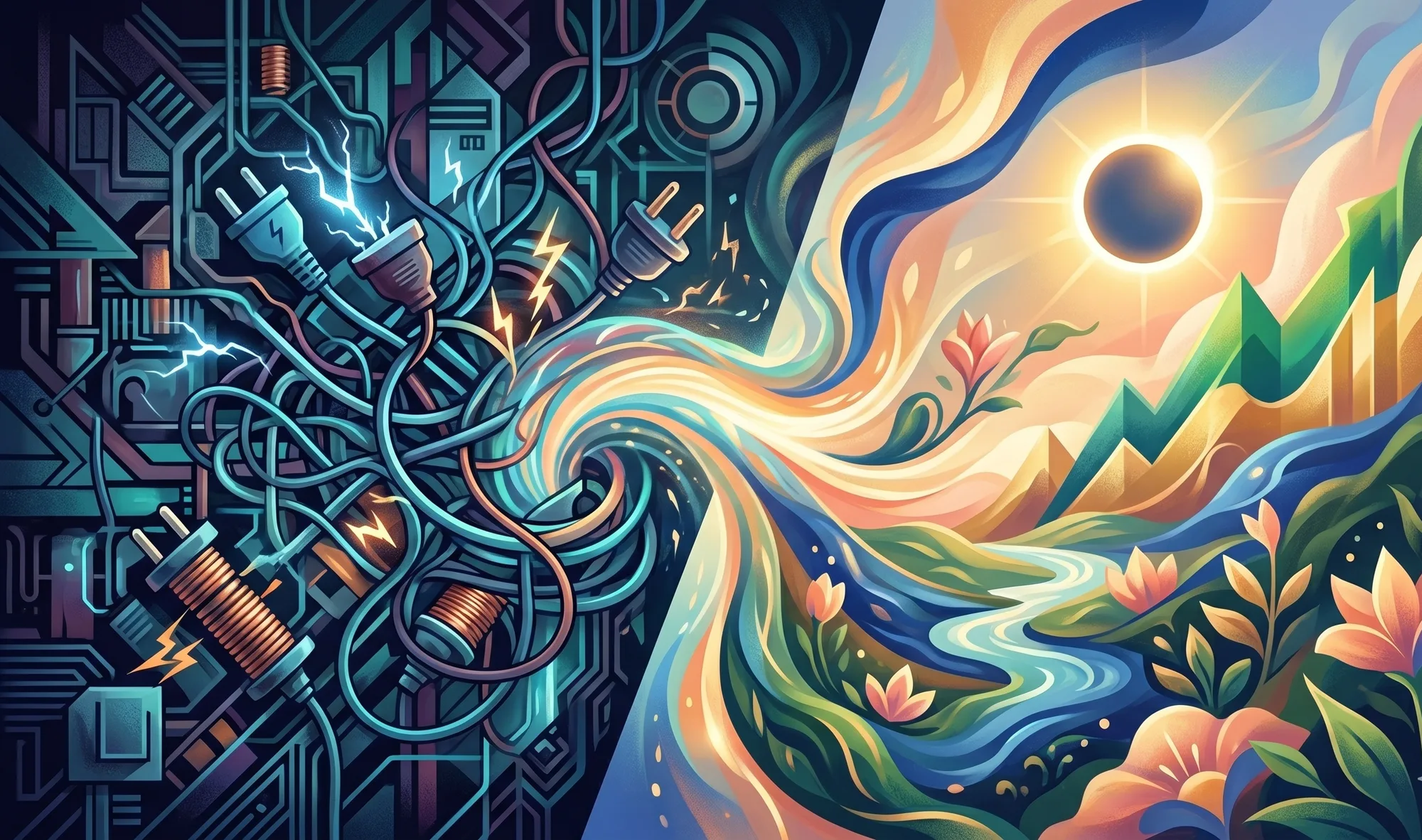 A split illustration: on the left, a dark tangle of electrical plugs, cables, and circuitry crackling with sparks (raw technology); on the right, that energy flows into a bright, vibrant landscape of sun, mountains, a winding river, and flowers (the value it delivers).