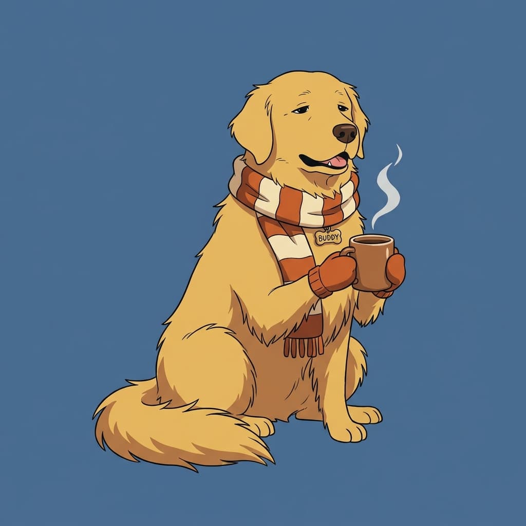A rejected render of a golden retriever holding a coffee mug.