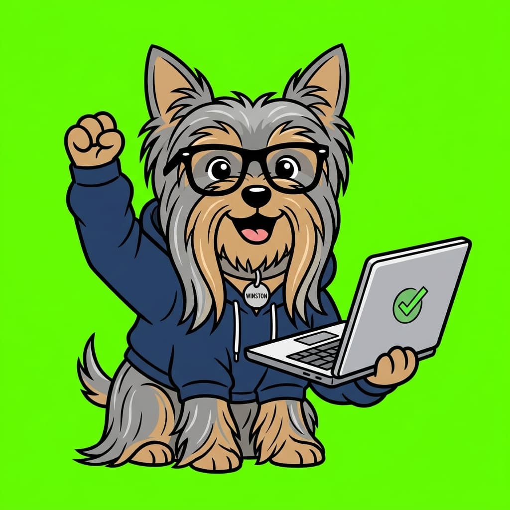 A rejected render of a Yorkshire terrier in a hoodie holding a laptop.