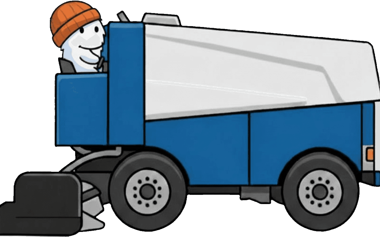 Rinkflow's mascot: a cheerful snowman in an orange toque driving a blue Zamboni.